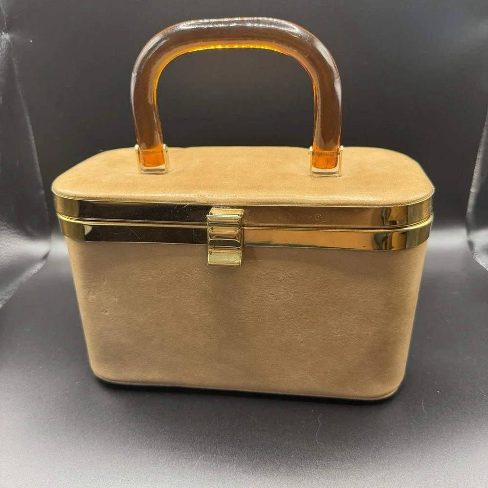 Vintage 1950's Camel Colored Florida Box Purse w/ Amber Lucite Handle MCM